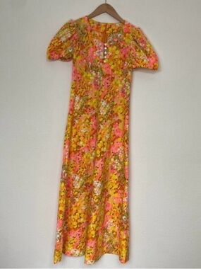 Vintage Women's Bright Multicolor Abstract Puff Sleeve Midi Dress XS Regencycore